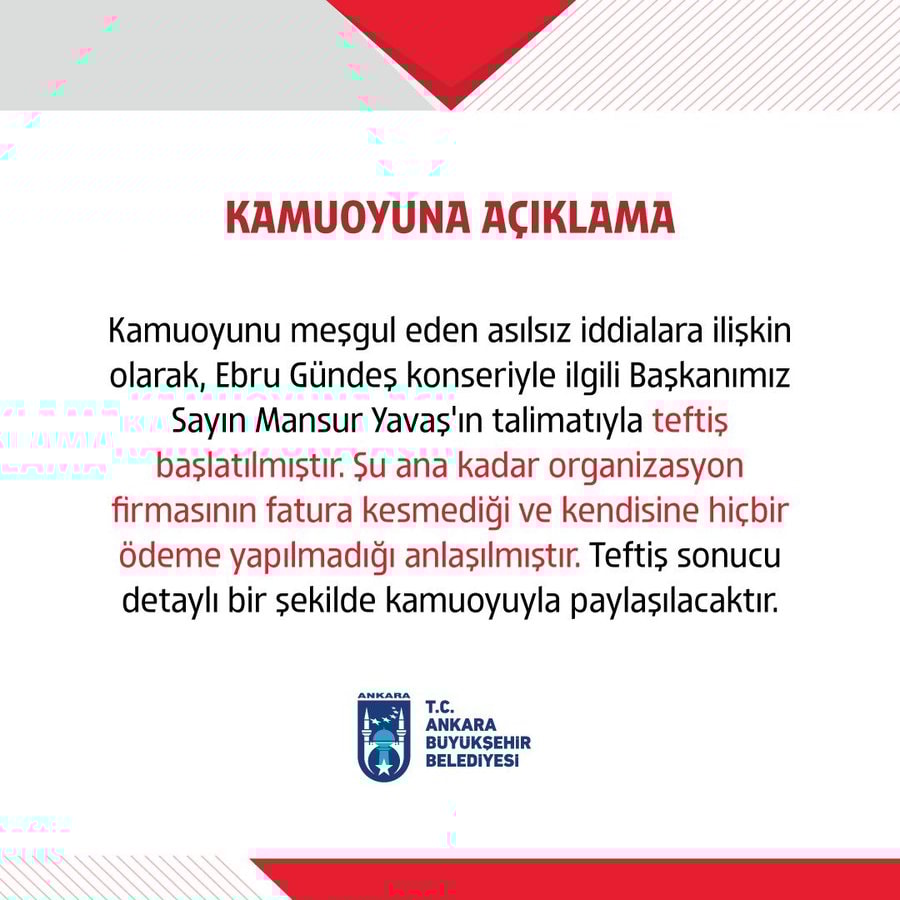 Ankara Büyükşehir Belediyesi'nden 'Ebru Gündeş' açıklaması
