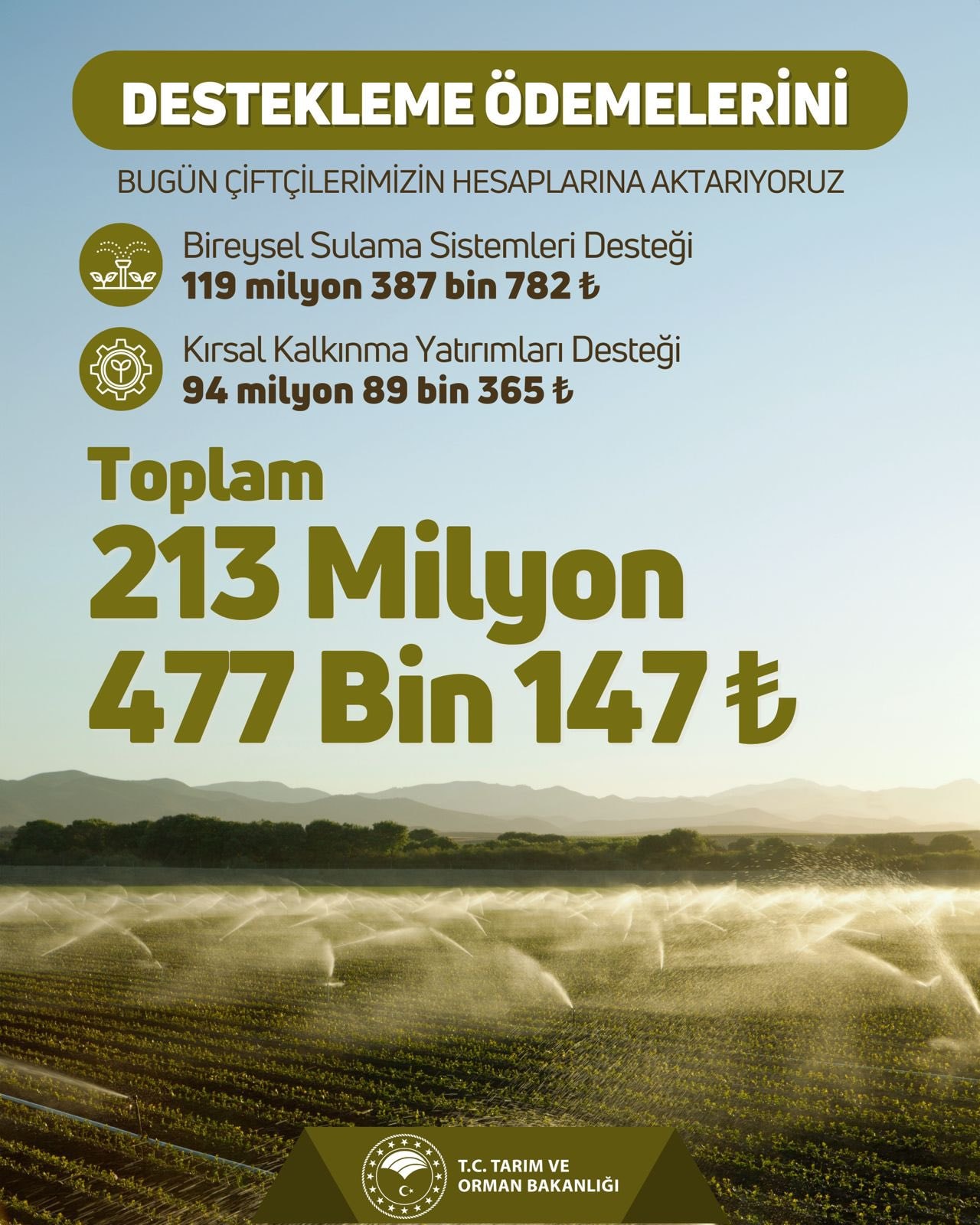 Bakanlıktan sevindirecek haber! 213 milyon lira hesaplara yatıyor