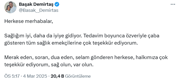 Ameliyat olan Başak Demirtaş'tan mesaj