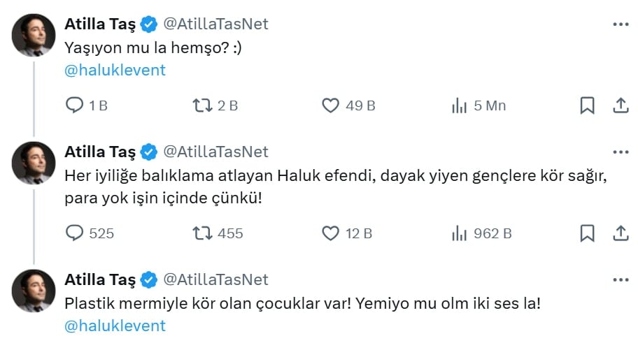Atilla Taş, Haluk Levent'e de çattı: Yaşıyon mu hemşo? 1 Atilla Taş, Haluk Levent'e de çattı: Yaşıyon mu hemşo?