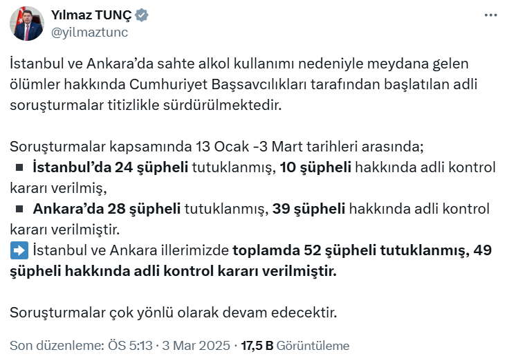 Bakan Tunç açıkladı: Sahte içki soruşturmalarında 52 tutuklama