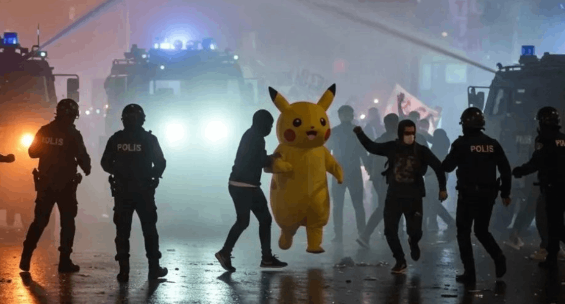 Eylemci Pikachu polisle beraber poz verdi