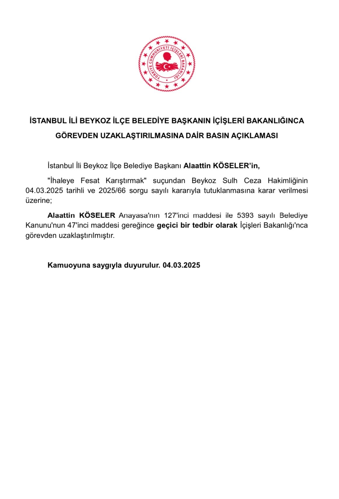 İçişleri Bakanlığı: Beykoz Belediye Başkanı görevden uzaklaştırıldı