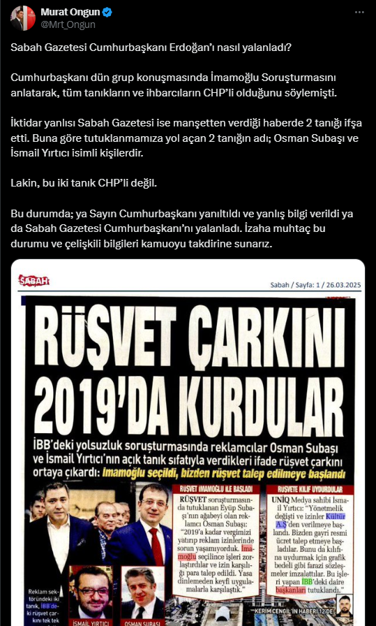 Murat Ongun dikkat çekti: Yandaş gazete Erdoğan'ı manşetten yalanladı