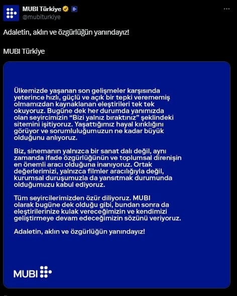 Ünlü film platformu MUBİ'den İmamoğlu açıklaması: 'Adaletin yanındayız'