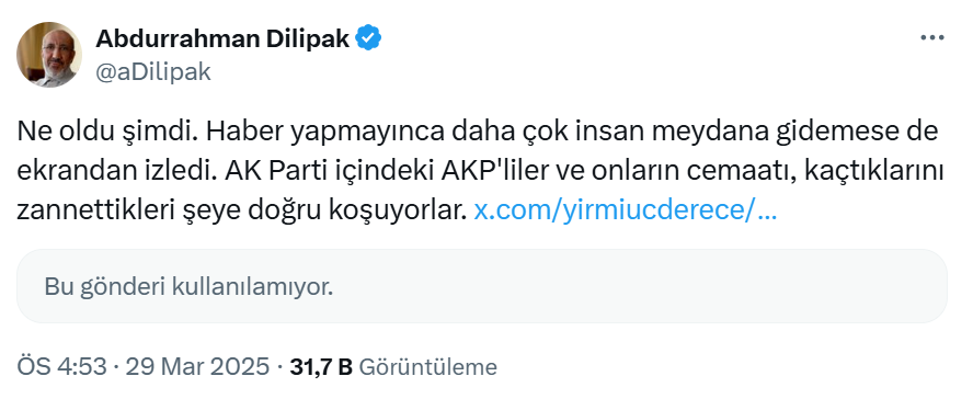 Abdurrahman'dan Dilipak’tan AKP'ye Maltepe göndermesi: Kaçtıklarını zannettikleri şeye koşuyorlar!
