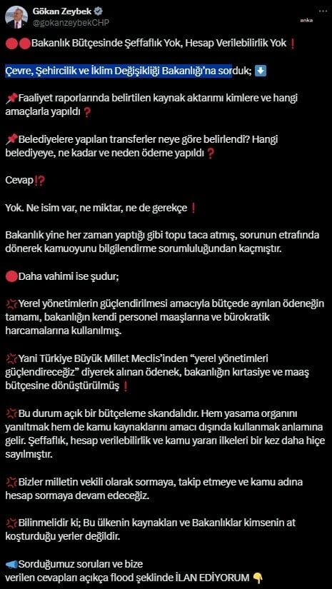 CHP’li Gökan Zeybek: "Çevre, Şehircilik ve İklim Değişikliği Bakanlığı bütçesinde şeffaflık yok, hesap verilebilirlik yok"