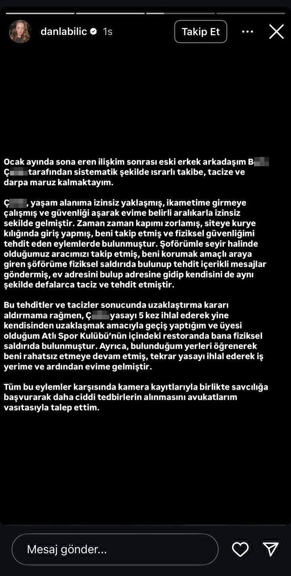 Danla Bilic darp edildiğini açıkladı! Uzaklaştırma kararını 5 kez ihlal etti