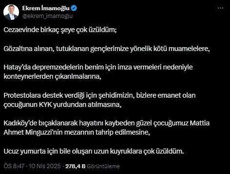 Ekrem İmamoğlu: Cezaevinde birkaç şeye çok üzüldüm