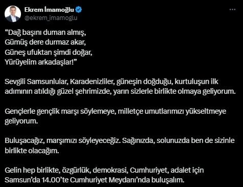 Ekrem İmamoğlu'ndan Samsun'a çağrı: 'Ben de sizinle birlikte olacağım'
