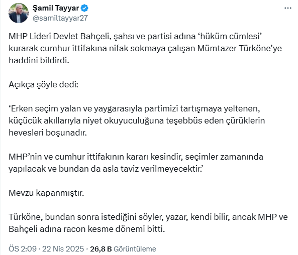 Erken seçim tartışmasında Bahçeli'nin ardından Türköne ve Tayyar'dan ilk açıklama