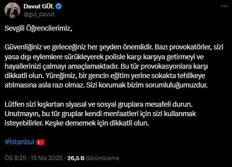 İstanbul Valisi'nden öğrencilere tehdit gibi paylaşım: 'Keşke dememek için...'