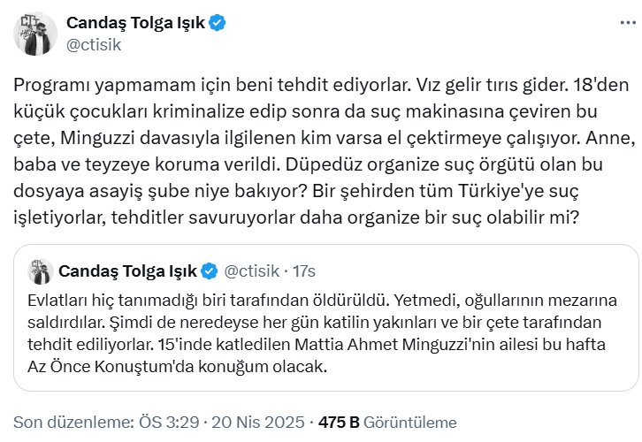 Minguzzi ailesini yayına çıkarmak isteyen gazeteciye tehdit!