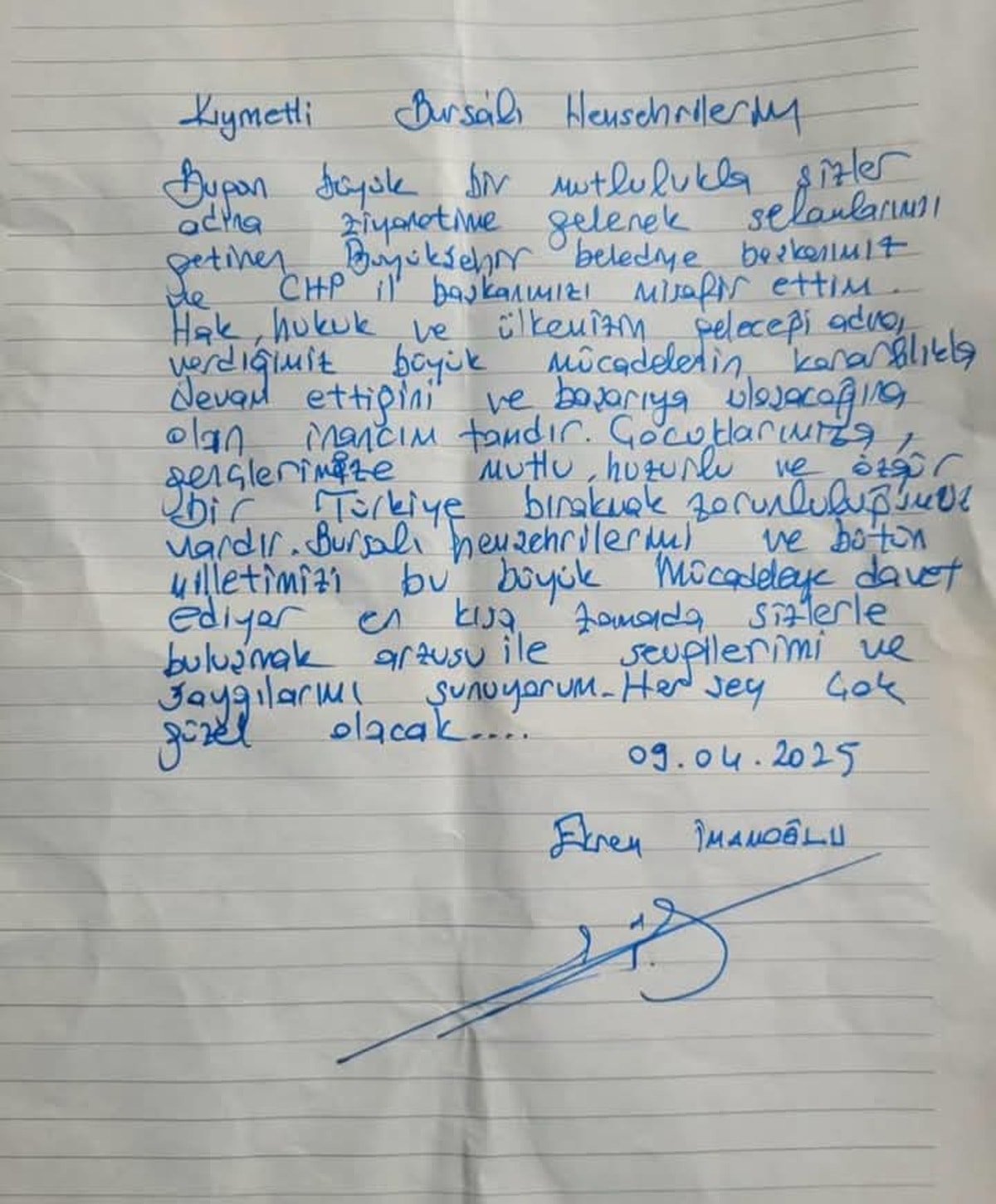 Mustafa Bozbey, İmamoğlu'nun Bursalılara mektubunu paylaştı