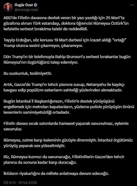 Özgür Özel'den Filistin isyanı: 'Erdoğan sesini çıkartamıyor'