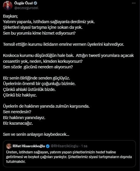 Özgür Özel'den Rifat Hisarcıklıoğlu'na tepki: 'Koskoca kurumu düşürdüğün hale bak'