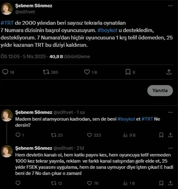 Şebnem Sönmez TRT'ye sert çıktı: '25 yıldır 1 kuruş telif ödenmediğiniz 7 Numara'yı da kaldırın'