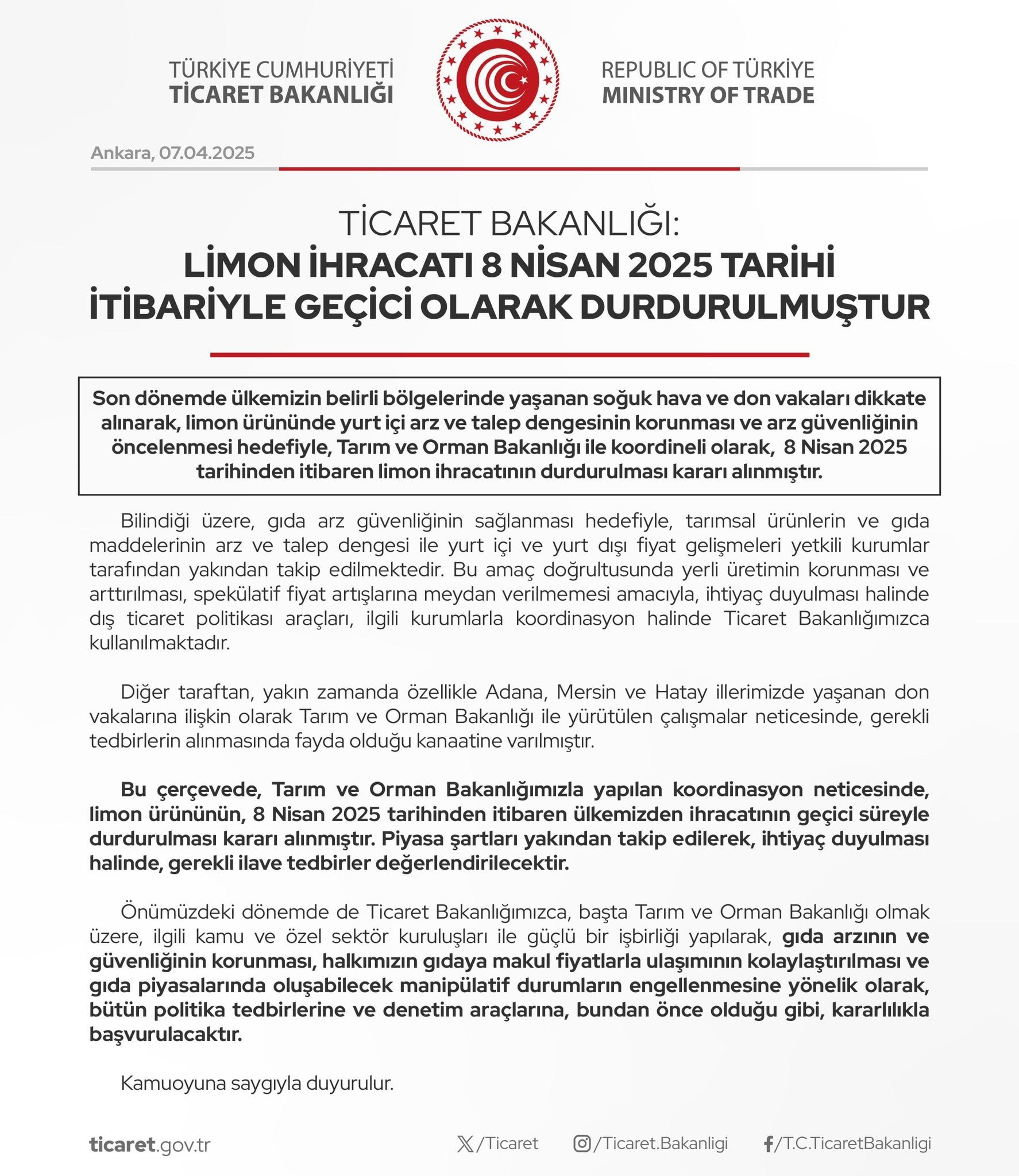 Ticaret Bakanlığı yurt dışına limon satışını yasakladı