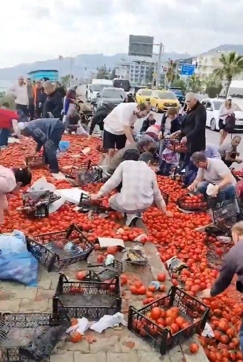 TIR değil vicdanlar devrildi! Yola saçılanları yağmaladılar