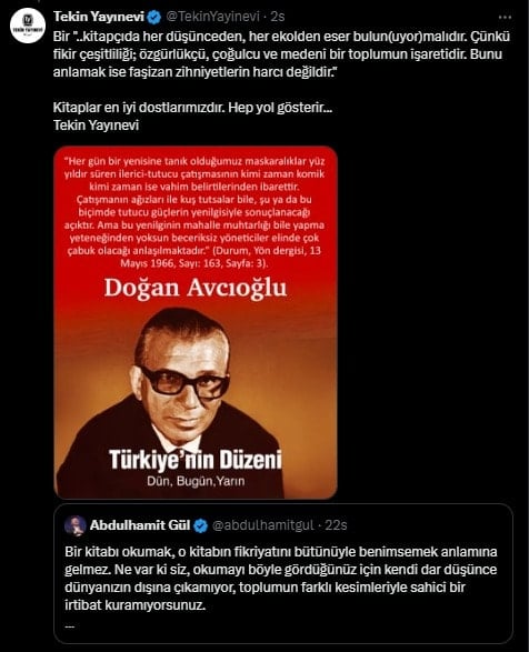Yayınevi’nden Abdulhamit Gül’e ‘Doğan Avcıoğlu’ mesajı