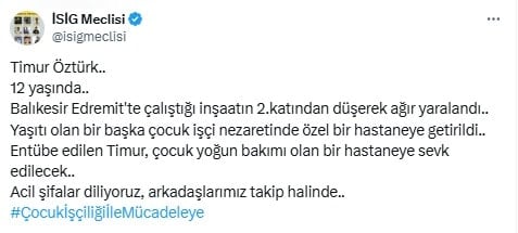 Çalıştığı inşaatten düşen 12 yaşındaki çocuk işçi yoğun bakıma kaldırıldı