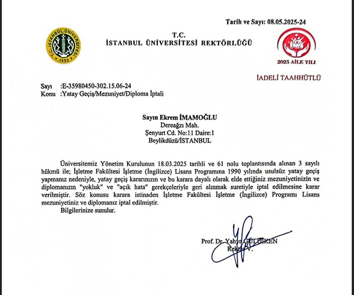 Diploma iptali kararı 55 gün sonra İmamoğlu’na iletildi