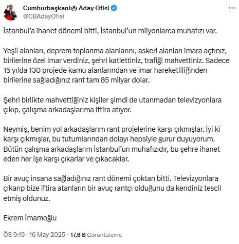 Ekrem İmamoğlu'ndan iktidara sert mesaj! 'İstanbul'a ihanet dönemi bitti'