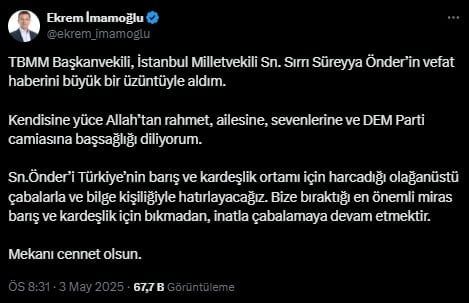 Ekrem İmamoğlu'ndan Sırrı Süreyya Önder'e taziye mesajı