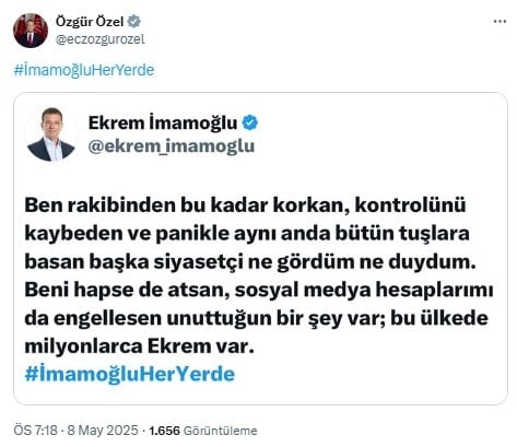 Hesabı kapatılan İmamoğlu'nun ilk mesajını Özgür Özel paylaştı