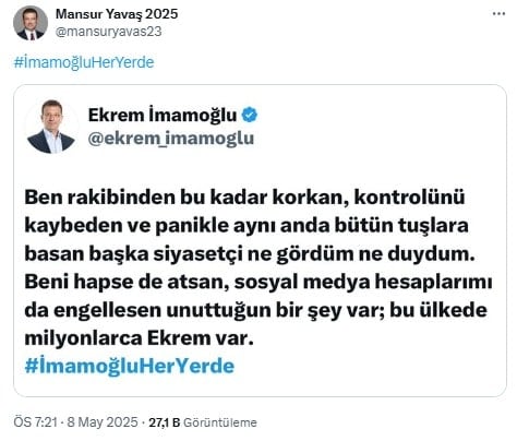 Hesabı kapatılan İmamoğlu'nun ilk mesajını Özgür Özel paylaştı