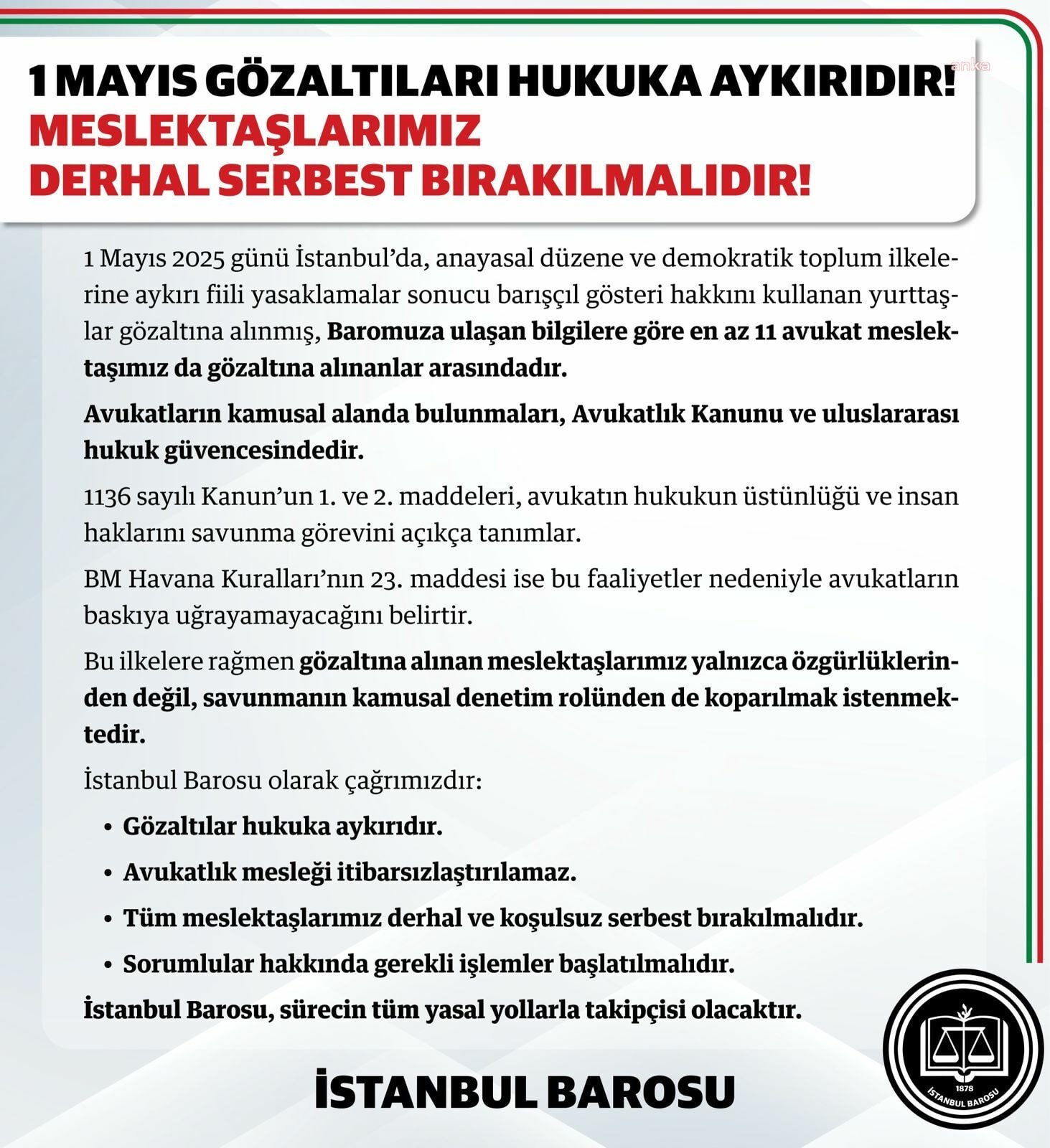 İstanbul Barosu: '1 Mayıs gözaltıları hukuka aykırıdır'