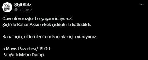 Kadınlar vahşice katledilen Bahar Aksu için toplanacak