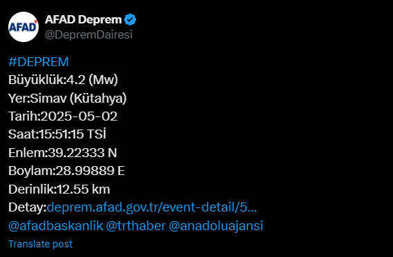 Kütahya'da 4.2 büyüklüğünde deprem!