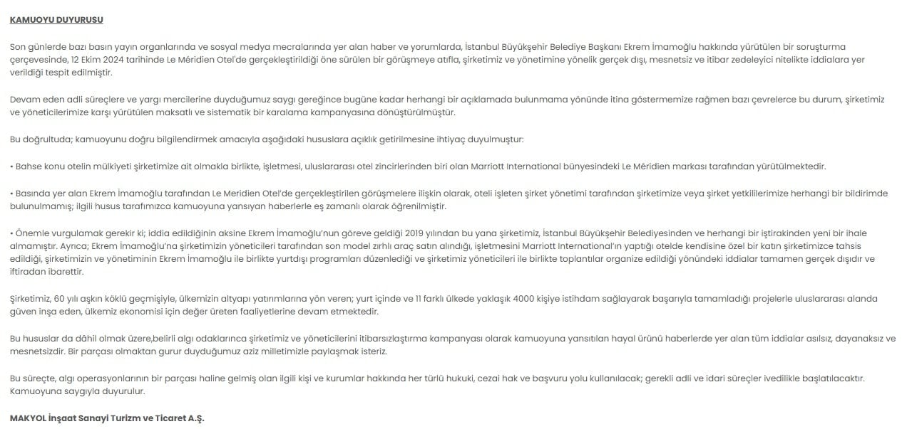 Le Meridien Otel’in sahibi MAKYOL'dan İmamoğlu açıklaması geldi
