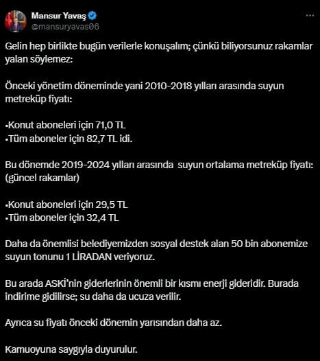Mansur Yavaş Erdoğan'ın 'su fiyatları 10 kat arttı' iddiasına verilerle yanıt verdi