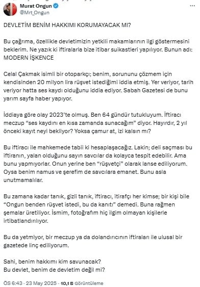Murat Ongun isyan etti: 'Devlet hakkımı korumayacak mı'