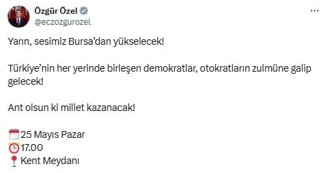 Özgür Özel'den Bursa mitingine davet: 'Ant olsun ki millet kazanacak'