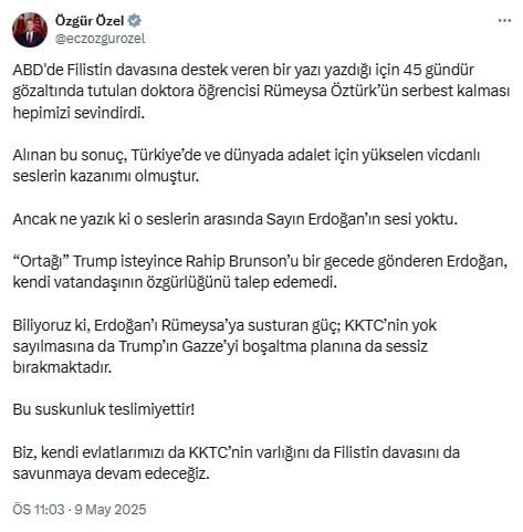 Özgür Özel'den Erdoğan'a: 'Bu suskunluk teslimiyettir'