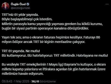 Özgür Özel'den TRT kuruluşuna özel mesaj: 'Biz kutlamıyoruz. Biz hatırlatıyoruz: TRT milletindir.'