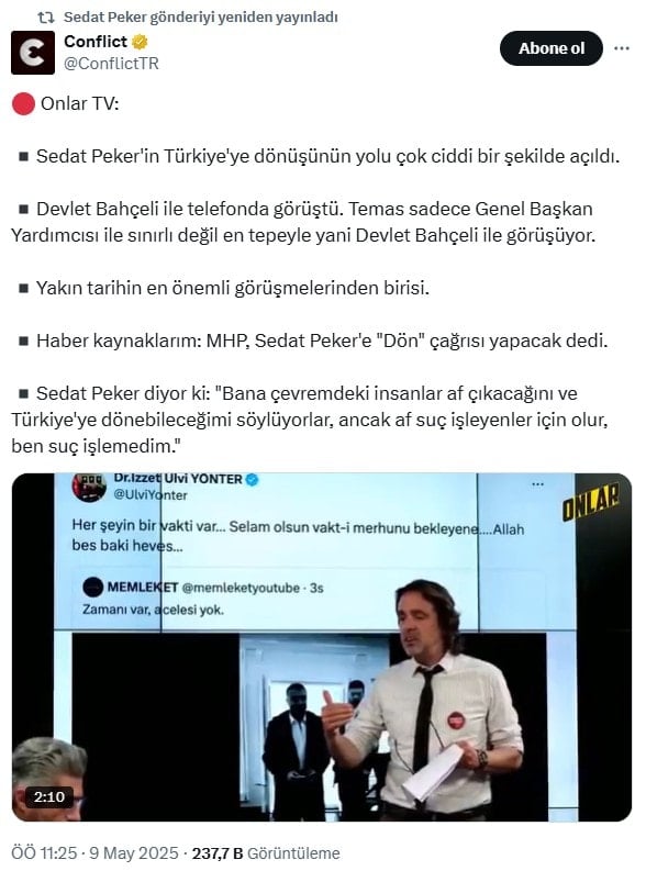 Sedat Peker'den Türkiye'ye dönüş mesajı