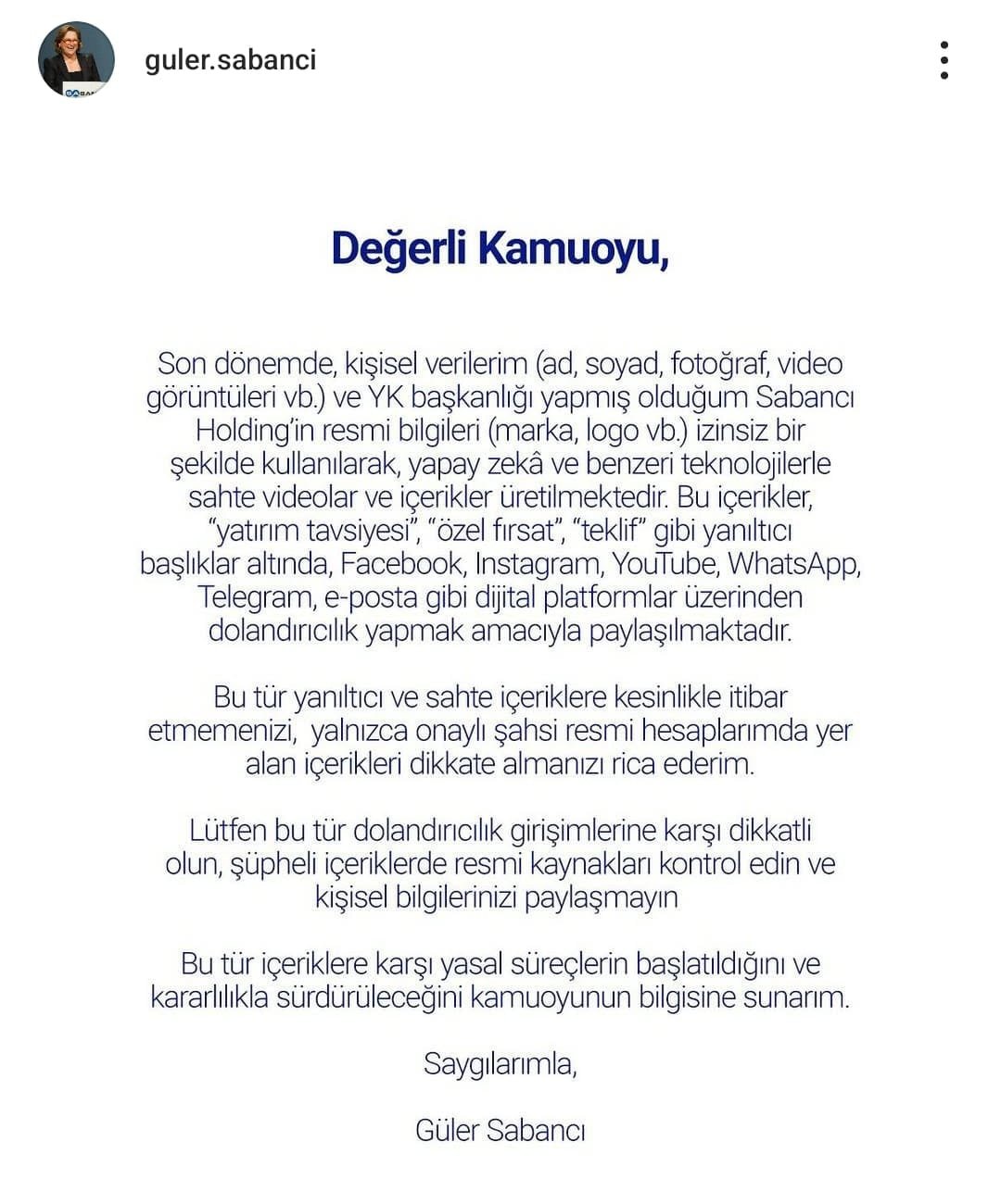 Selçuk Bayraktar'dan sonra bu kez Güler Sabancı'dan uyarı geldi