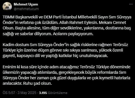 Sırrı Süreyya Önder'in vefatına Saray'dan ilk tepki