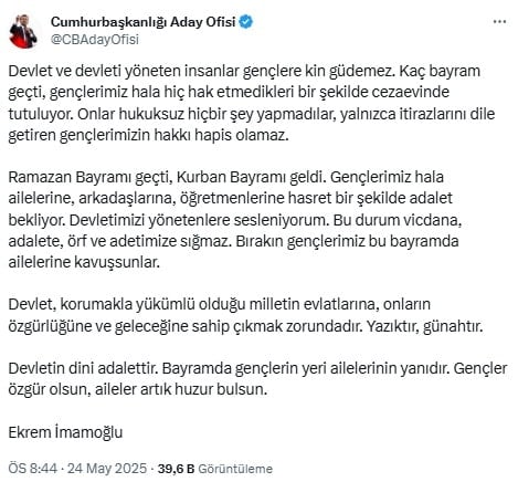 Son Dakika! İmamoğlu'ndan iktidara tutuklu gençler çağrısı