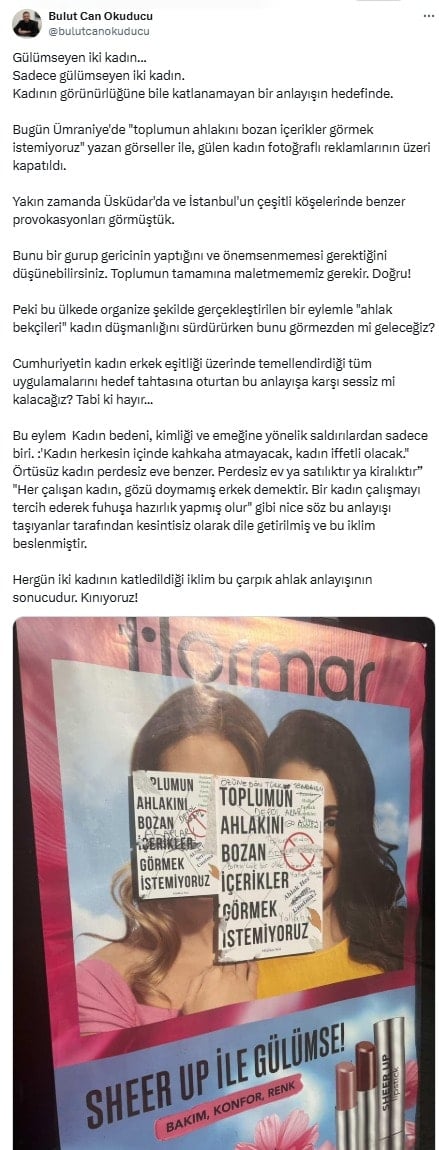 Ümraniye'de çirkin olay! Gülen kadın fotoğrafını sansürlediler! Toplum ahlakı bozuluyormuş