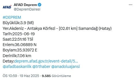 AFAD duyurdu! Hatay Samandağ'da deprem