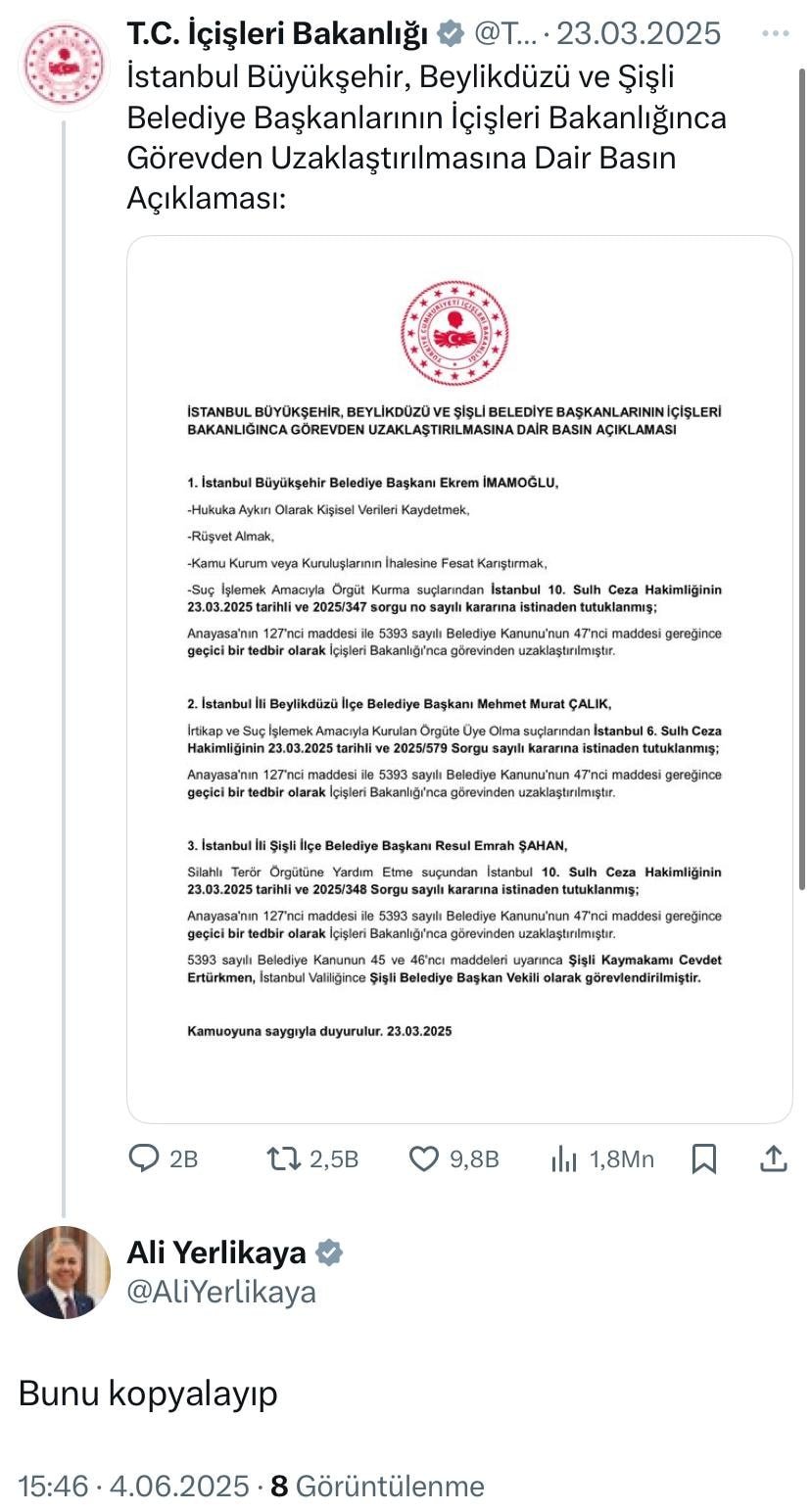Bakan Yerlikaya yanlış kişiye tweet attı!