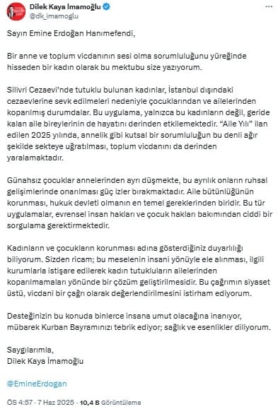 Dilek İmamoğlu Emine Erdoğan'a seslendi! 'Bu çağrım siyaset üstü vicdani bir çağrı'