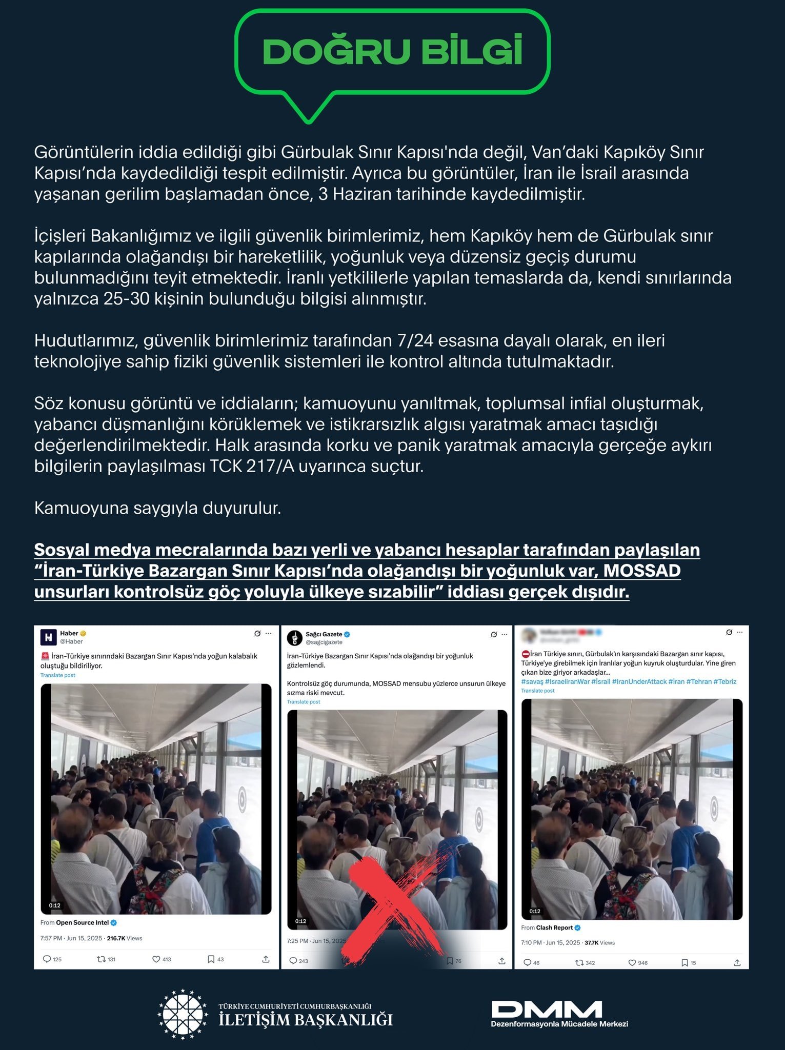 'İsrail saldırılarından kaçan İranlılar Türkiye'nin kapısına dayandı' iddiasına DMM'den yalanlama