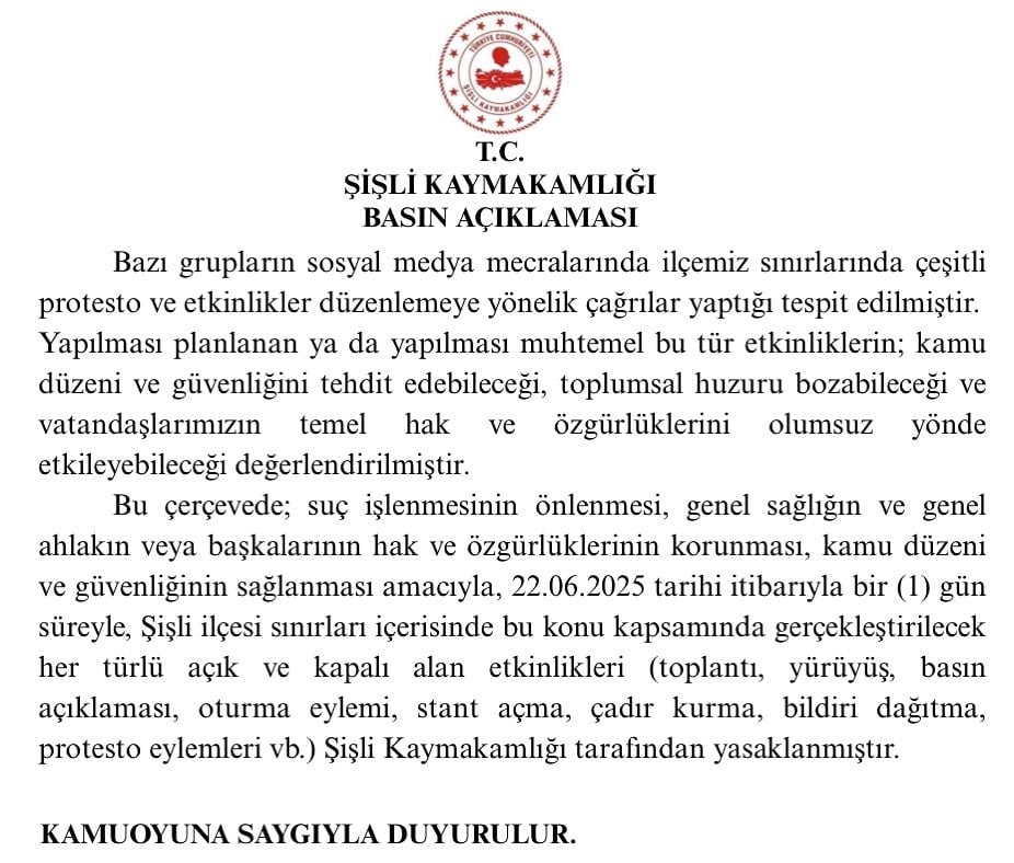 İstanbul Şişli'de 1 günlük gösteri yürüyüş yasağı