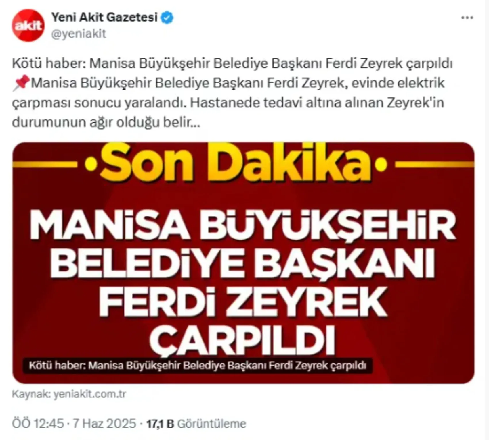 Manisa Büyükşehir Belediyesi'nden Yeni Akit ve Zekeriya Say hakkında suç duyurusu